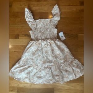 NTW Girls Tan and Cream Leaf Print Smocked Dress